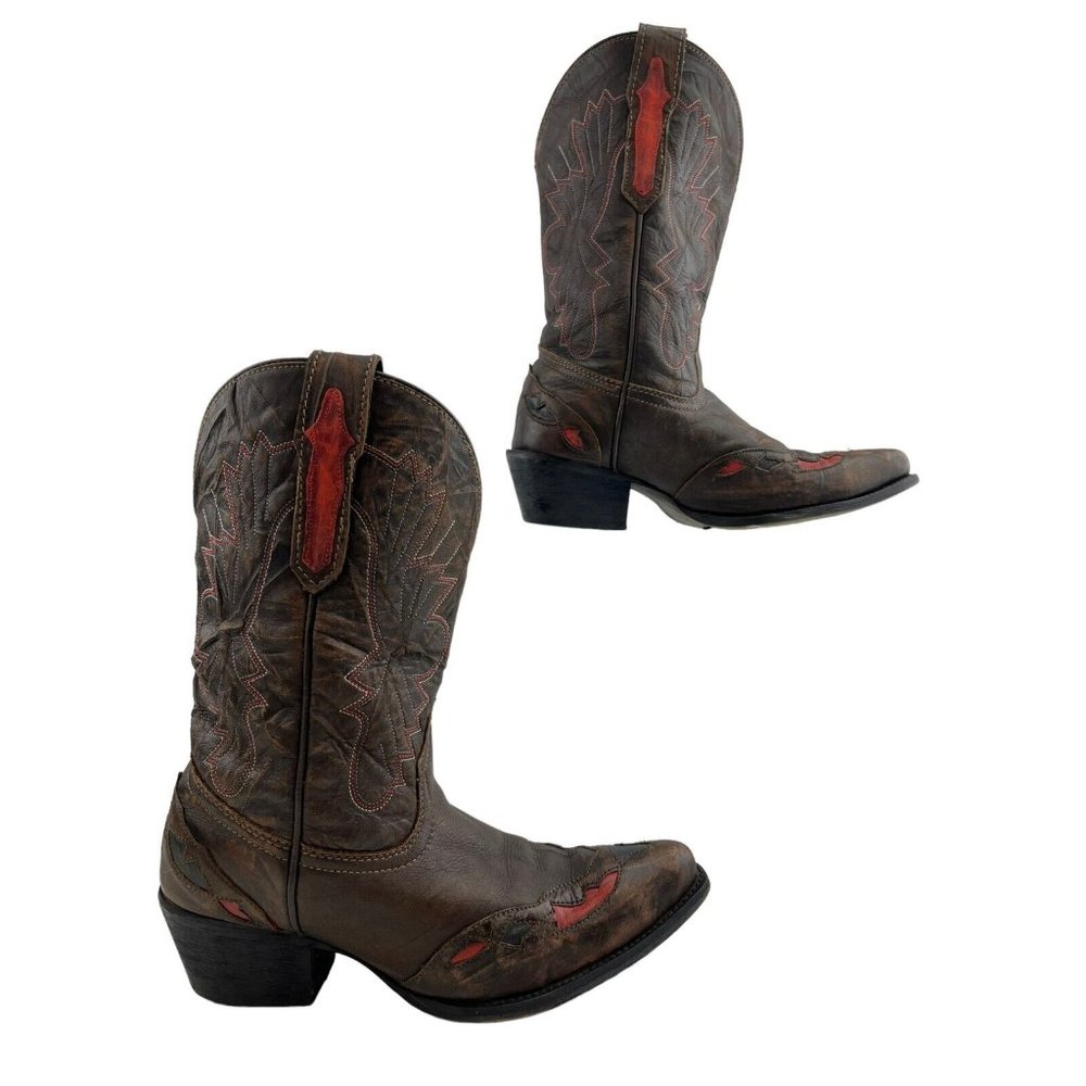 Kids Dan Post Brown / Red Leather Snip Toe Western Cowgirl Boots Size 3.5